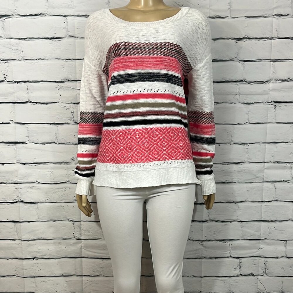 NWT Cotton Country Sweater Womens Pink Beige Combo Round Neck Tight Knit